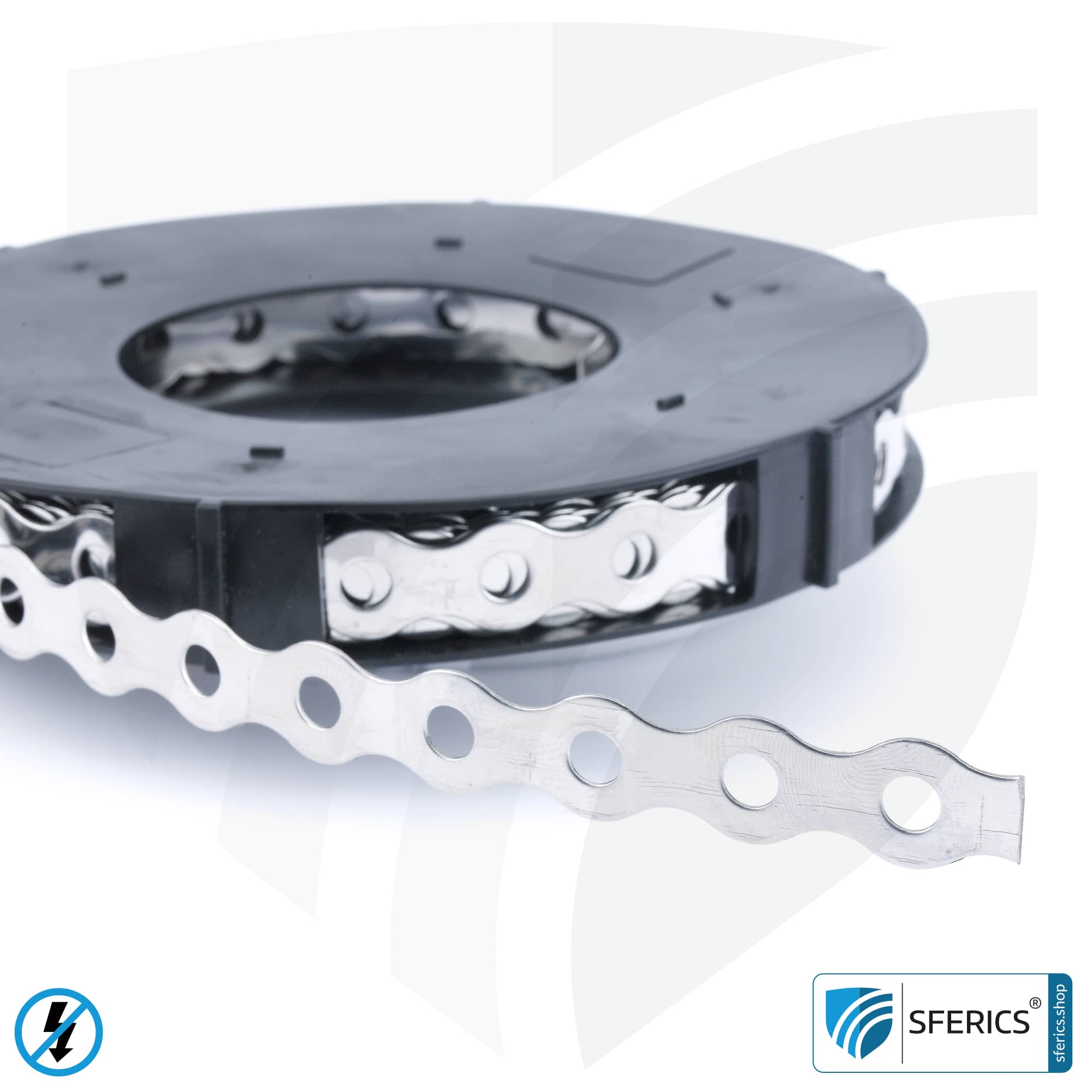 Stainless steel grounding tape | perforated tape | metal strap for grounding of reinforcement fabric, shielding mesh and shielding fleece