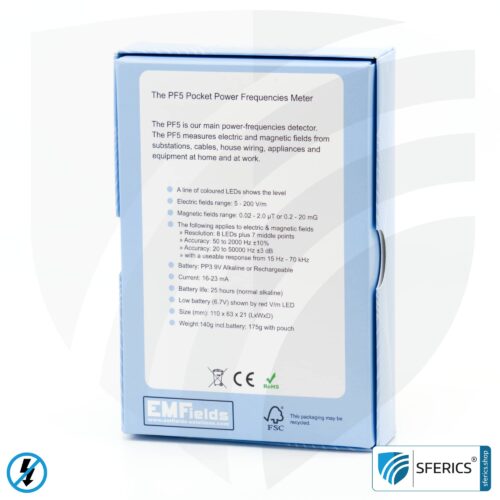 Pocket PF5 Meter | Potential-free low frequency measuring device for electrosmog | Detection of alternating electrical fields and magnetic fields | Measuring range 15 to 50,000 Hz