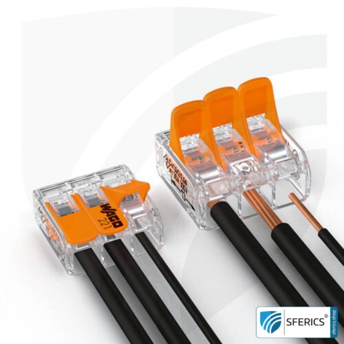 WAGO compact splicing connector, series 221 | model 221-413 | for 3 solid, fine-stranded and stranded cables | alternative to classic connector blocks