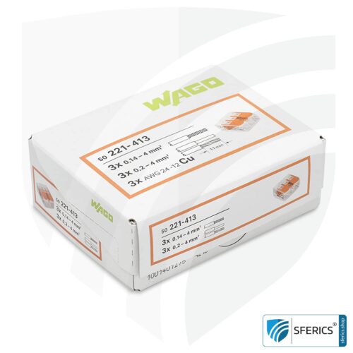 WAGO compact splicing connector, series 221 | model 221-413 | for 3 solid, fine-stranded and stranded cables | alternative to classic connector blocks