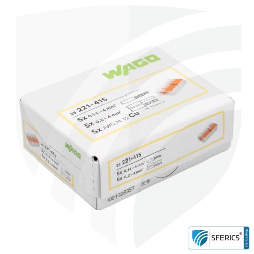 WAGO compact splicing connector, series 221 | model 221-415 | for 5 solid, fine-stranded and stranded cables | alternative to classic connector blocks 15 WAGO compact splicing connector, series 221 | model 221-415 | for 5 solid, fine-stranded and stranded cables | alternative to classic connector blocks
