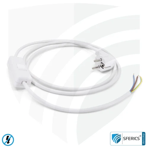 Shielded device connection cable with switch | white | 2 meters length | electrical cable for shielding alternating electric and magnetic fields LF