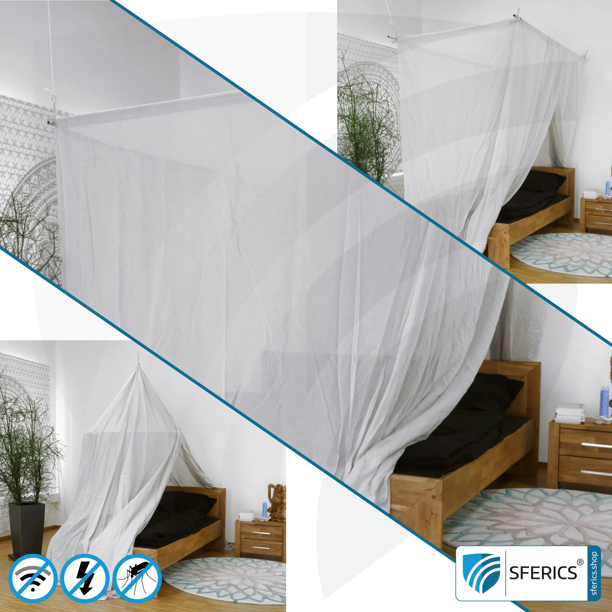 Shielding canopy Electrosmog PRO | 3 variants | Shielding EMF up to 99,99% (42 dB) | Groundable LF | Effective against 5G! 1 Shielding canopy Electrosmog PRO light | 3 variants | EMF shielding up to 99.99% (42 dB). Groundable. Effective against 5G!