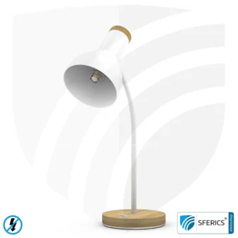 Shielded table lamp BERLIN | powder-coated, white | Gooseneck, rotatable in all directions | Bamboo wooden base | E14 socket + G9 adapter