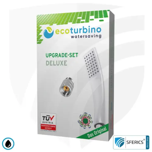 Shower Head DELUXE UPGRADE SET 10 Legio | ecoturbino® | ET10L Water Saving Adapter + Designer Handheld Showerhead - Hand Shower
