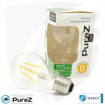 4,2 watt LED filament Pure-Z NEO | bright as 38 watts, 400 lumens | CRI 97 | flicker-free | warm white | E27 11 4,2 watt LED filament Pure-Z NEO | bright as 38 watts, 400 lumens | CRI 97 | flicker-free | warm white | E27 | clear