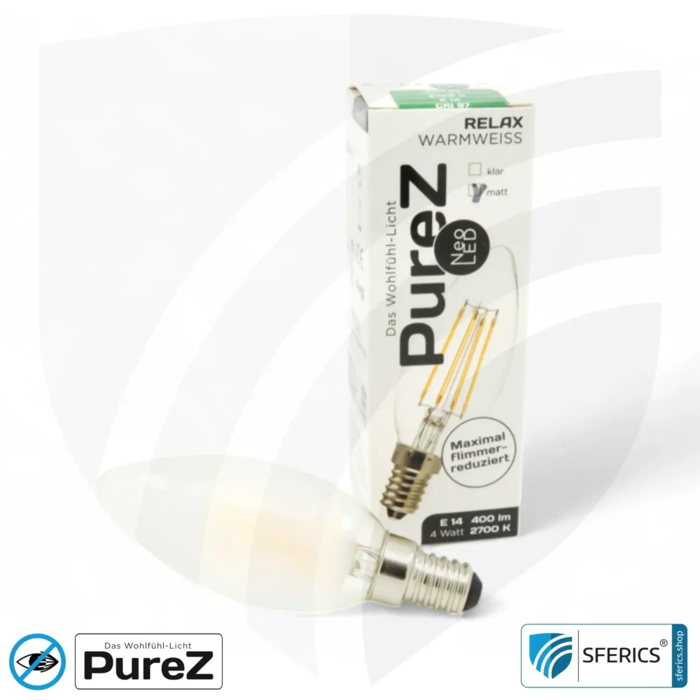 4 watt LED filament candle Pure-Z NEO | bright as 38 watts, 400 lumens | CRI 97 | flicker-free | warm white | E14 | frosted