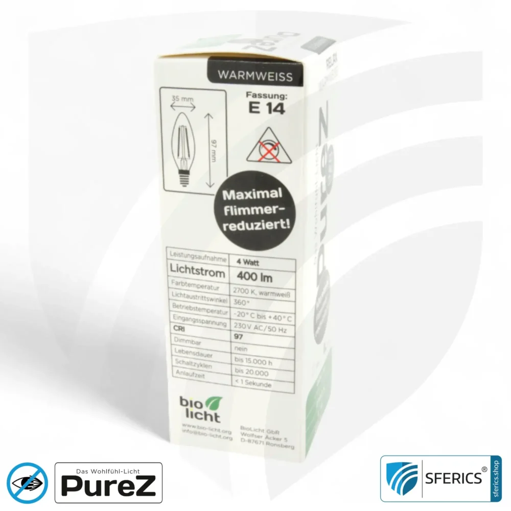 4 watt LED filament candle Pure-Z NEO | bright as 38 watts, 400 lumens | CRI 97 | flicker-free | warm white | E14 | frosted