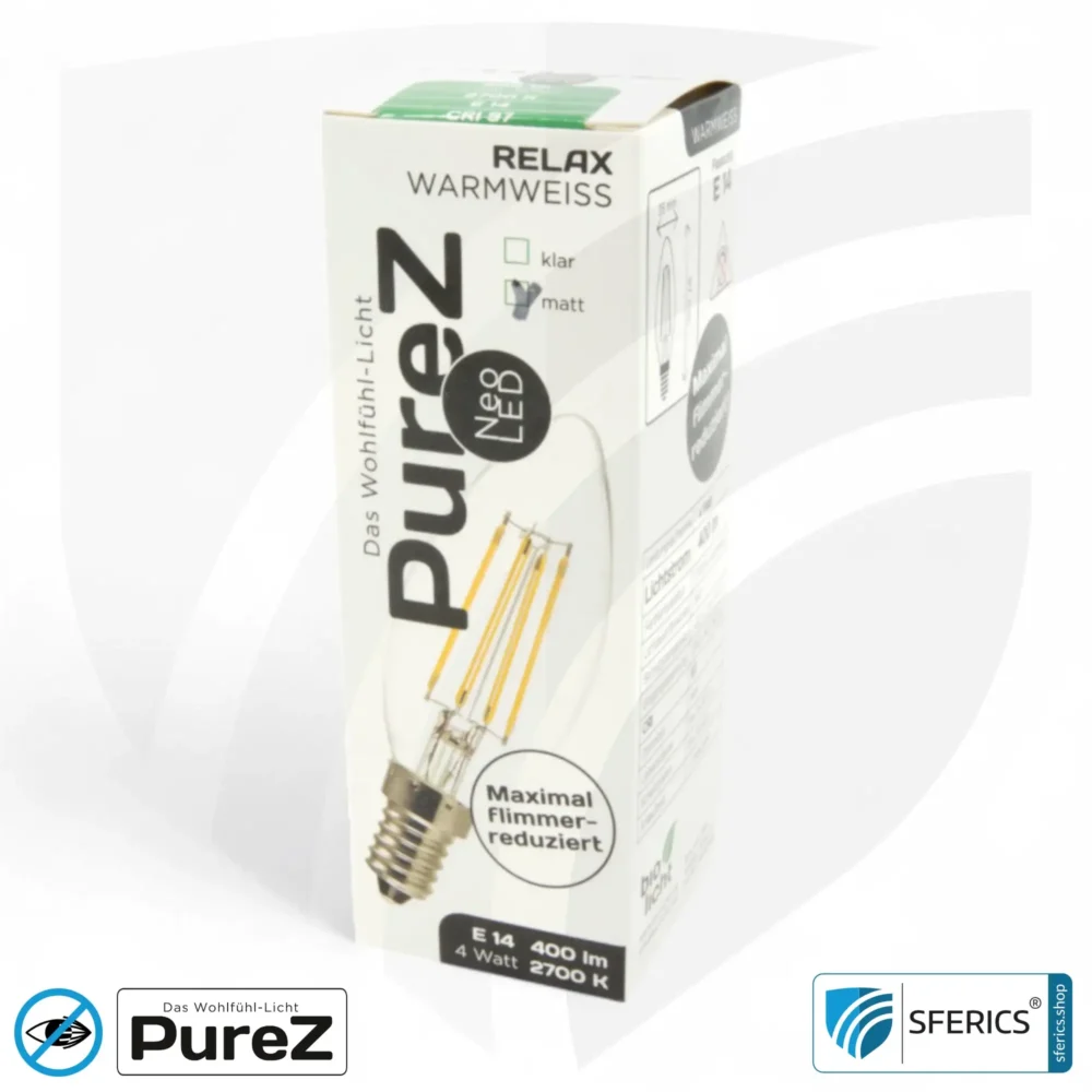 4 watt LED filament candle Pure-Z NEO | bright as 38 watts, 400 lumens | CRI 97 | flicker-free | warm white | E14 | frosted