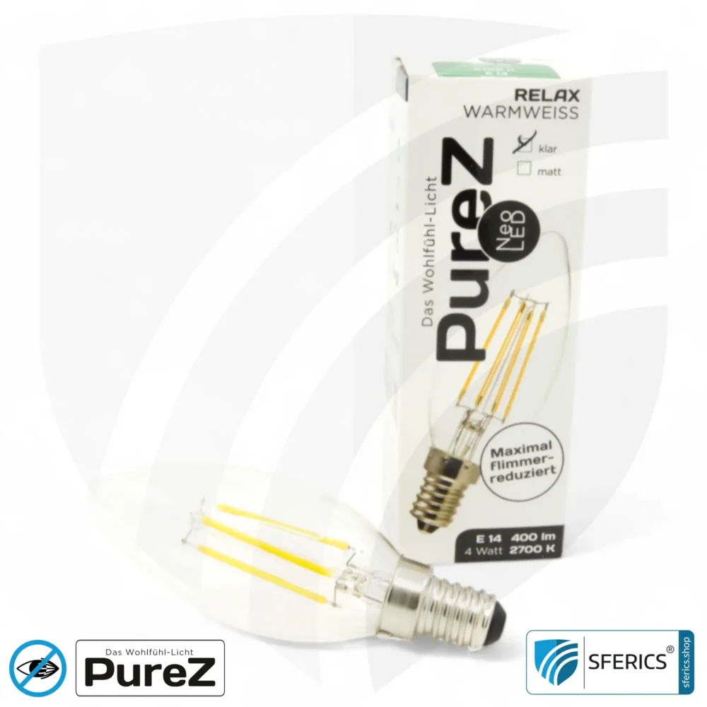 4 watt LED filament candle Pure-Z NEO | bright as 38 watts, 400 lumens | CRI 97 | flicker-free | warm white | E14 | clear