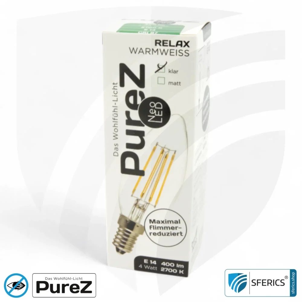 4 watt LED filament candle Pure-Z NEO | bright as 38 watts, 400 lumens | CRI 97 | flicker-free | warm white | E14 | clear