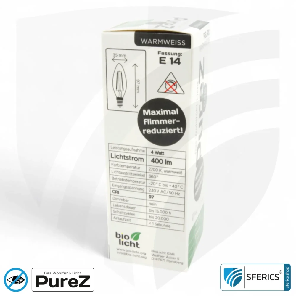 4 watt LED filament candle Pure-Z NEO | bright as 38 watts, 400 lumens | CRI 97 | flicker-free | warm white | E14 | clear