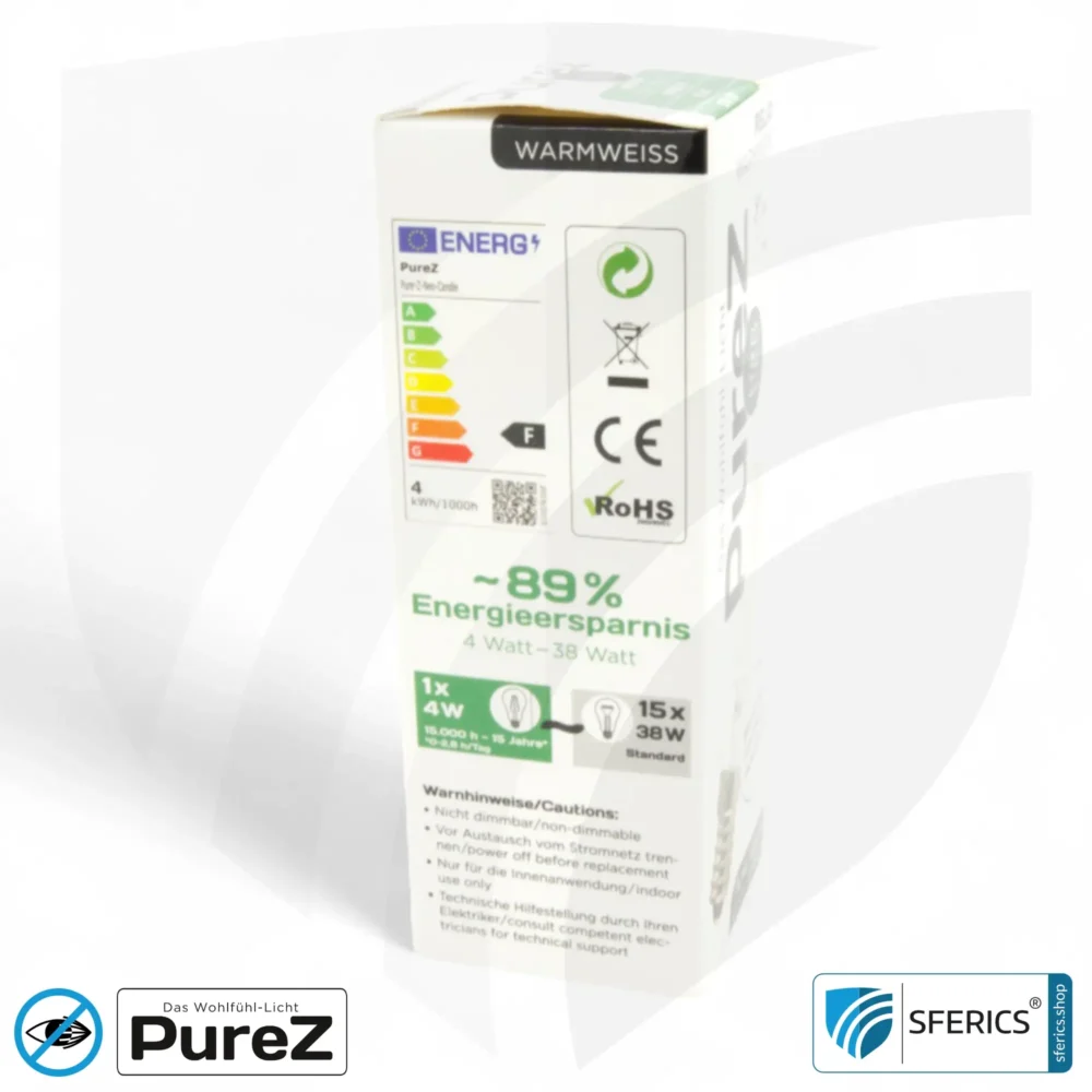 4 watt LED filament candle Pure-Z NEO | bright as 38 watts, 400 lumens | CRI 97 | flicker-free | warm white | E14 | clear