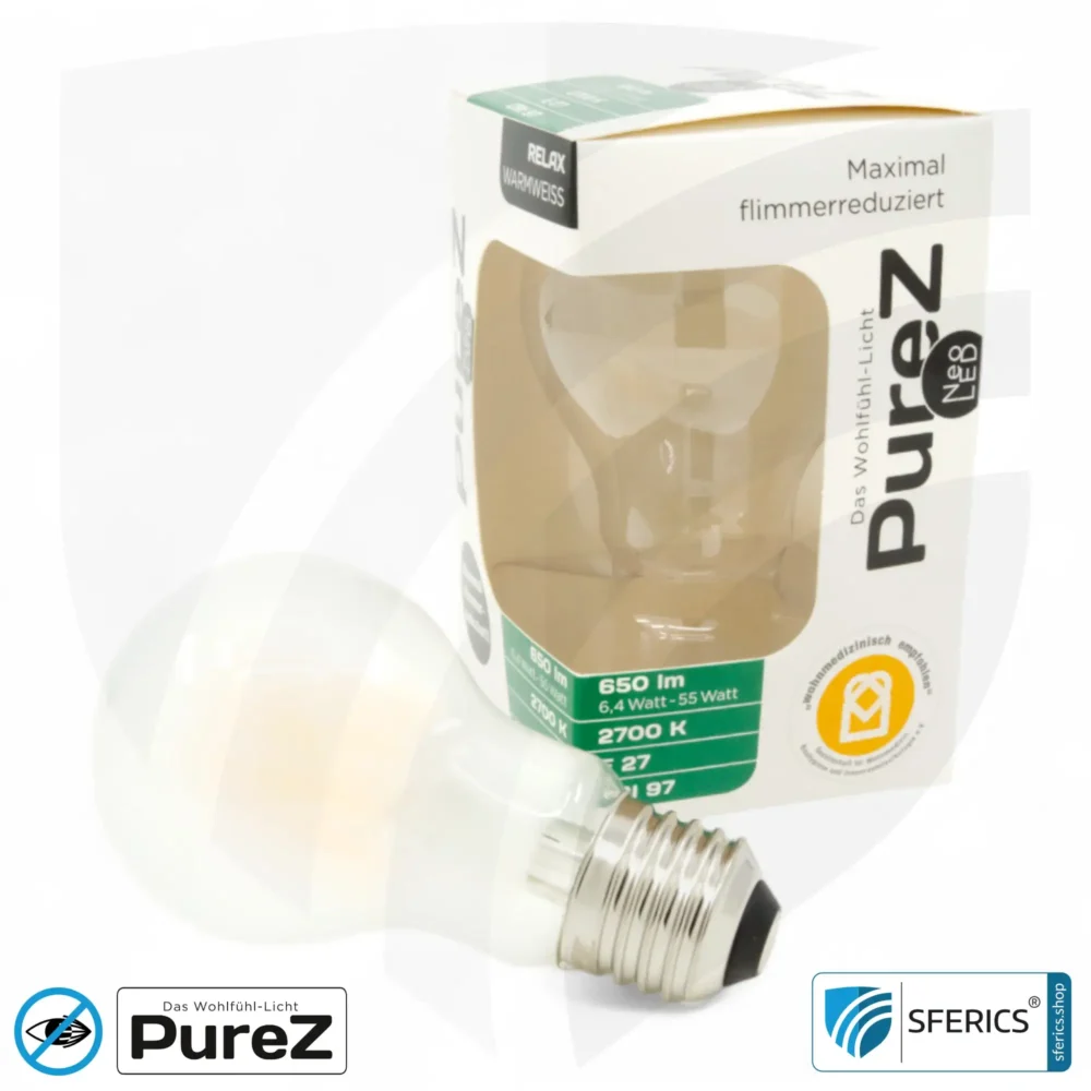 6,4 watt LED filament Pure-Z NEO | bright as 55 watts, 650 lumens | CRI 97 | flicker-free | warm white | E27. frosted