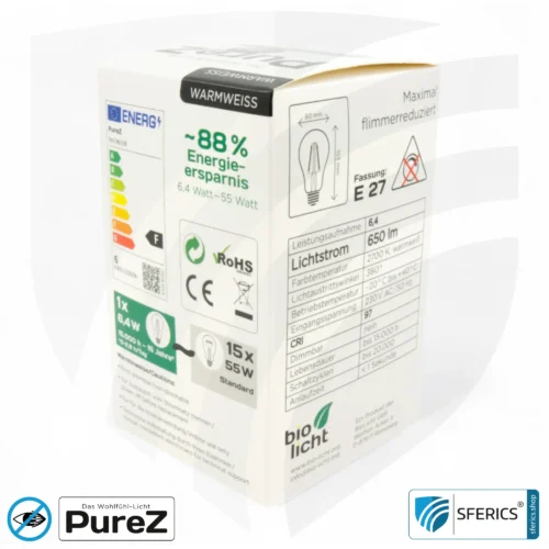 6,4 watt LED filament Pure-Z NEO | bright as 55 watts, 650 lumens | CRI 97 | flicker-free | warm white | E27 12 6,4 watt LED filament Pure-Z NEO | bright as 55 watts, 650 lumens | CRI 97 | flicker-free | warm white | E27. frosted