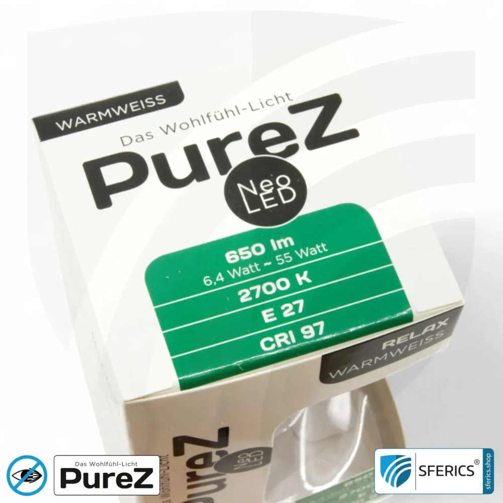 6,4 watt LED filament Pure-Z NEO | bright as 55 watts, 650 lumens | CRI 97 | flicker-free | warm white | E27. clear
