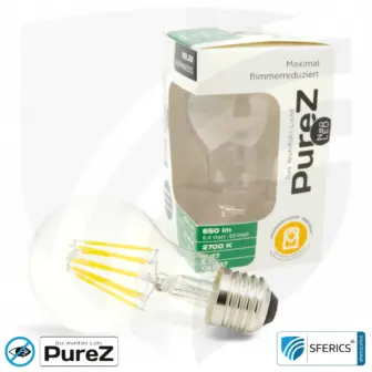 6,4 watt LED filament Pure-Z NEO | bright as 55 watts, 650 lumens | CRI 97 | flicker-free | warm white | E27. clear