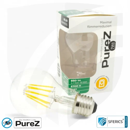 6,4 watt LED filament Pure-Z NEO | bright as 55 watts, 650 lumens | CRI 97 | flicker-free | warm white | E27 11 6,4 watt LED filament Pure-Z NEO | bright as 55 watts, 650 lumens | CRI 97 | flicker-free | warm white | E27. clear