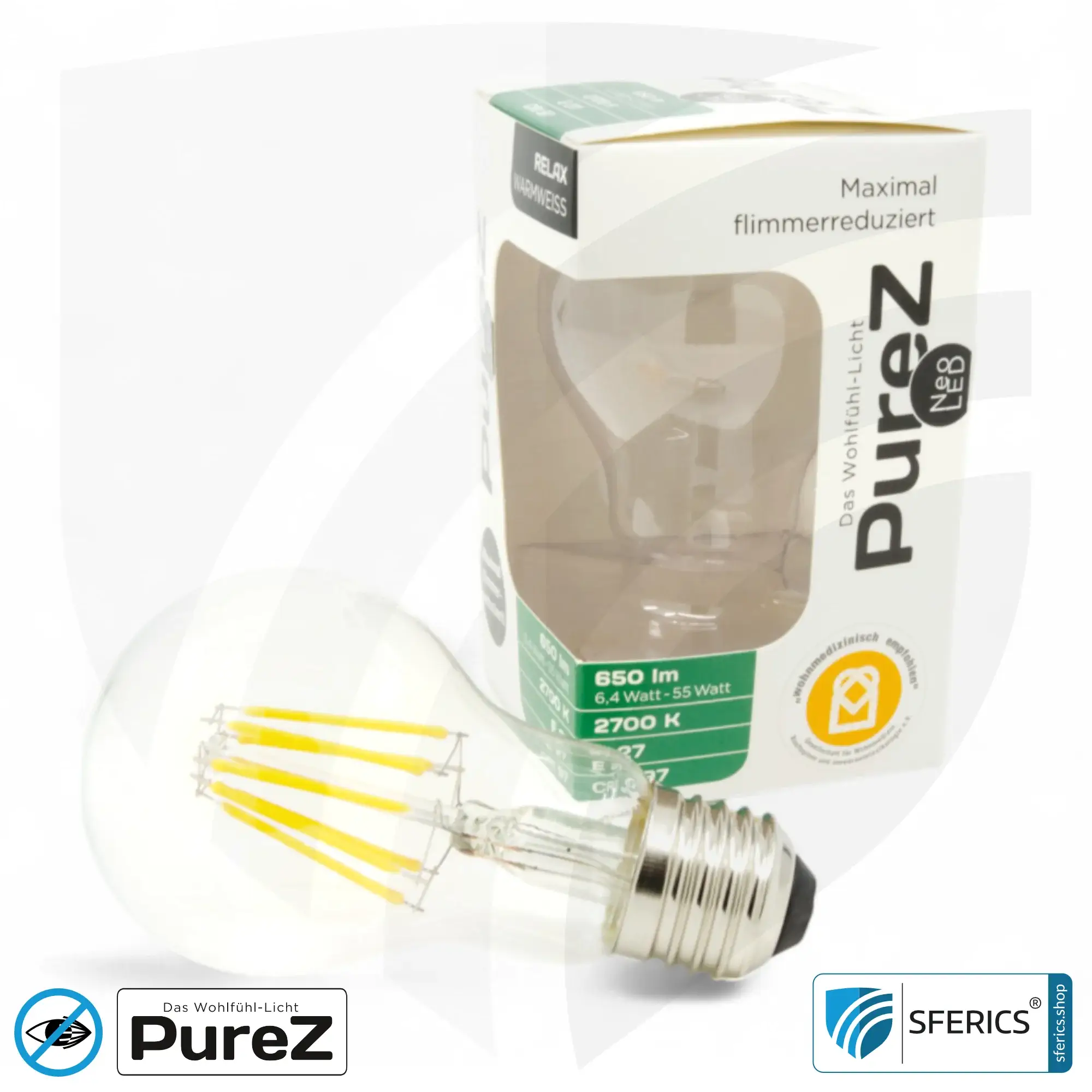 6,4 watt LED filament Pure-Z NEO | bright as 55 watts, 650 lumens | CRI 97 | flicker-free | warm white | E27 5 6,4 watt LED filament Pure-Z NEO | bright as 55 watts, 650 lumens | CRI 97 | flicker-free | warm white | E27. clear