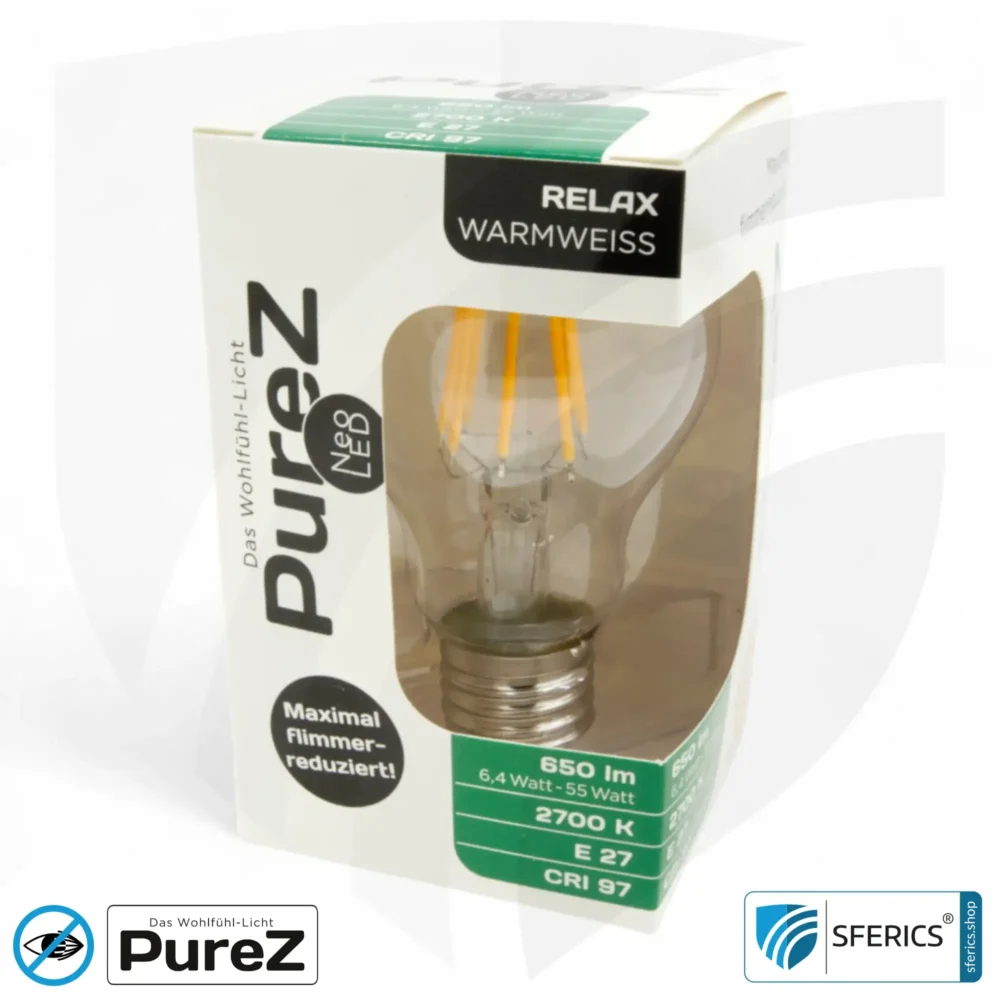 6,4 watt LED filament Pure-Z NEO | bright as 55 watts, 650 lumens | CRI 97 | flicker-free | warm white | E27. clear