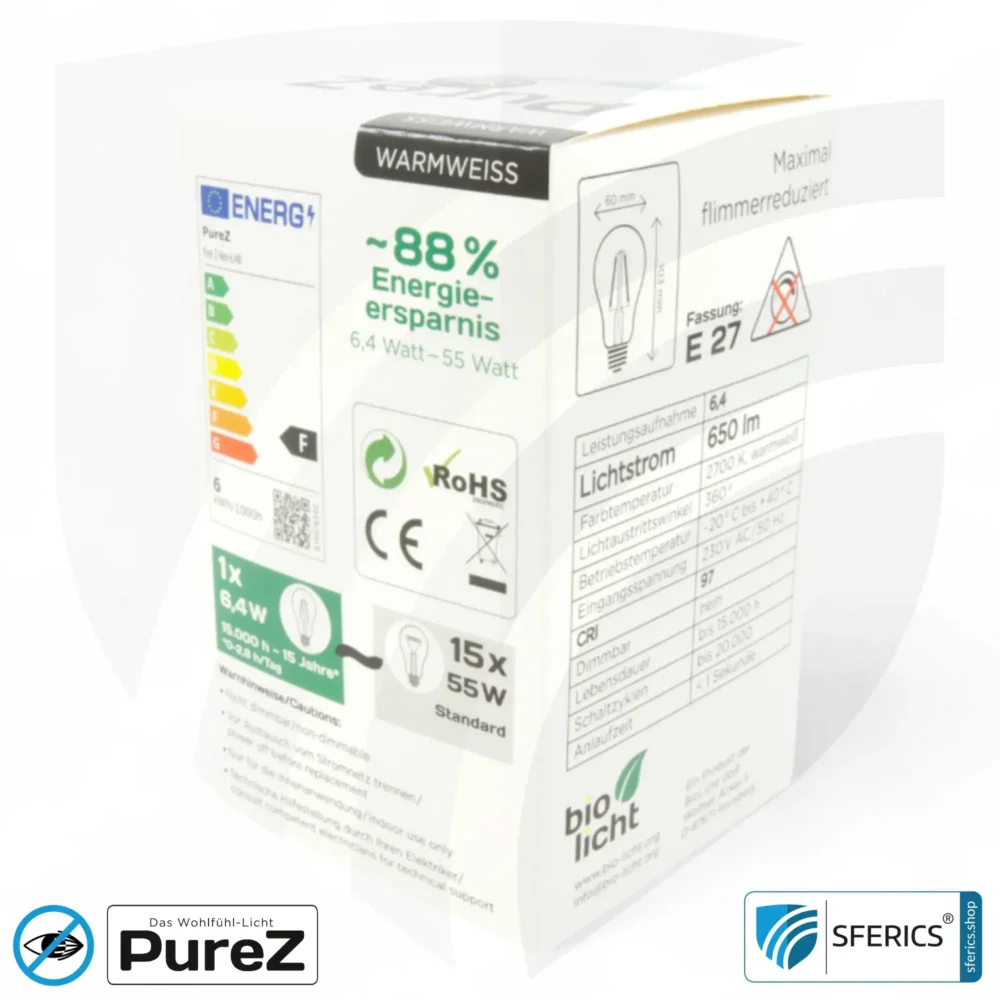 6,4 watt LED filament Pure-Z NEO | bright as 55 watts, 650 lumens | CRI 97 | flicker-free | warm white | E27. clear