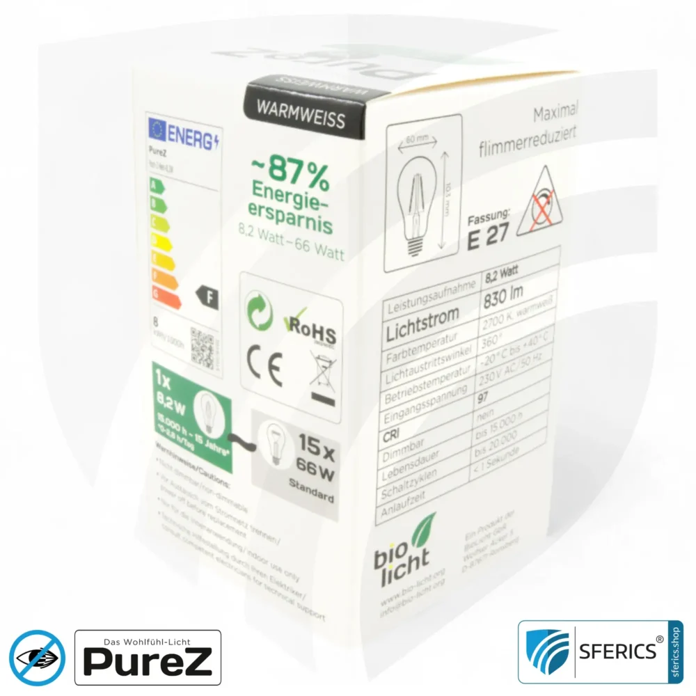 8,2 watt LED filament Pure-Z NEO | bright as 66 watts, 830 lumens | CRI 97 | flicker-free | warm white | E27 | clear
