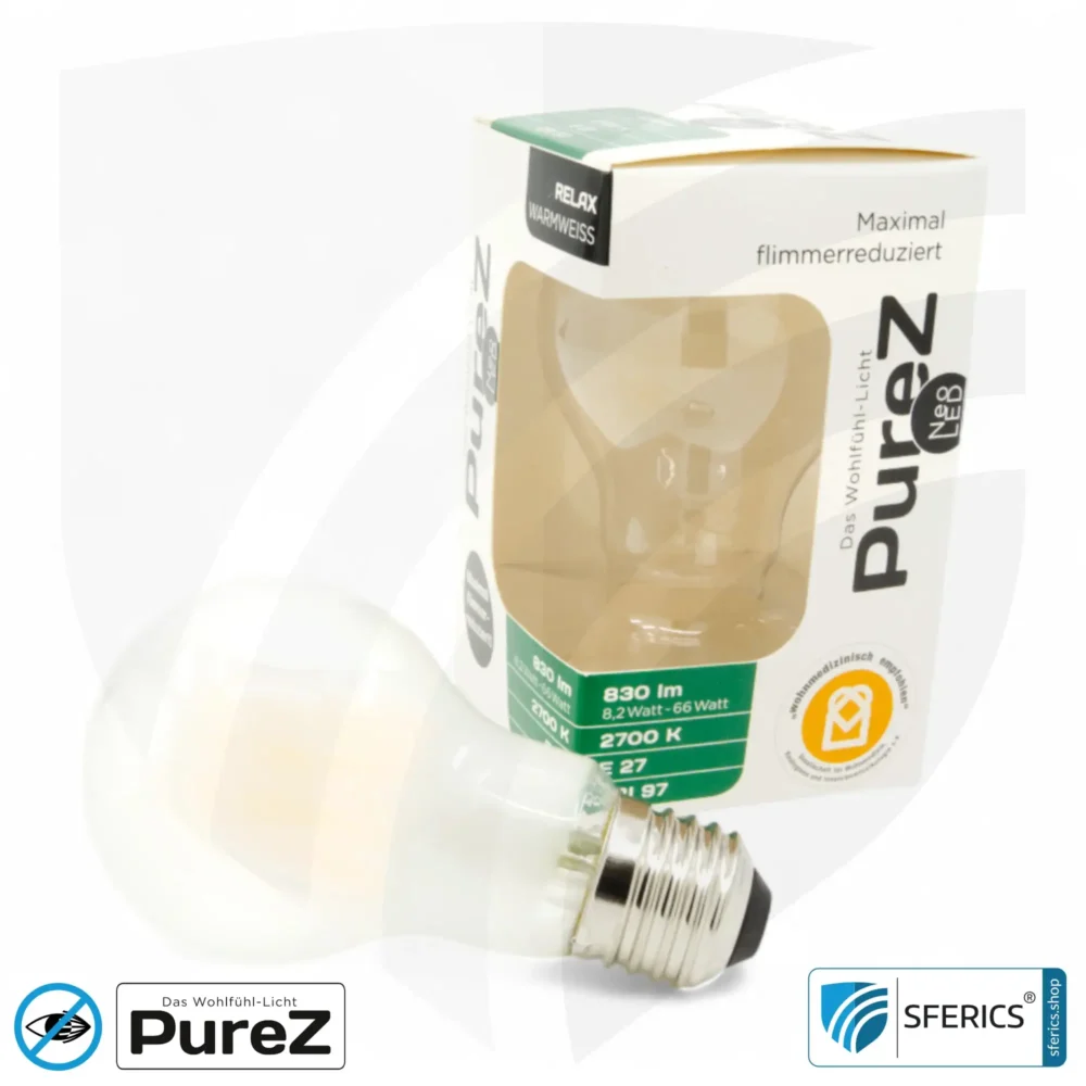 8,2 watt LED filament Pure-Z NEO | bright as 66 watts, 830 lumens | CRI 97 | flicker-free | warm white | E27 | frosted
