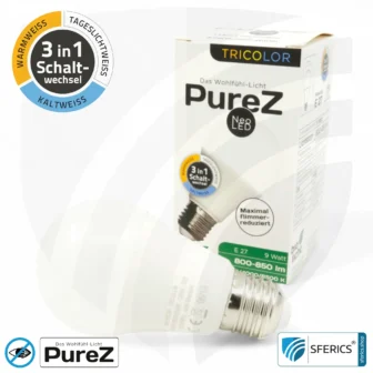 9 watt LED TRICOLOR Pure-Z NEO | 3in1 = 3 switchable light colors | bright like 80 watts, 850 lumens | CRI more than 90 | flicker-free | E27
